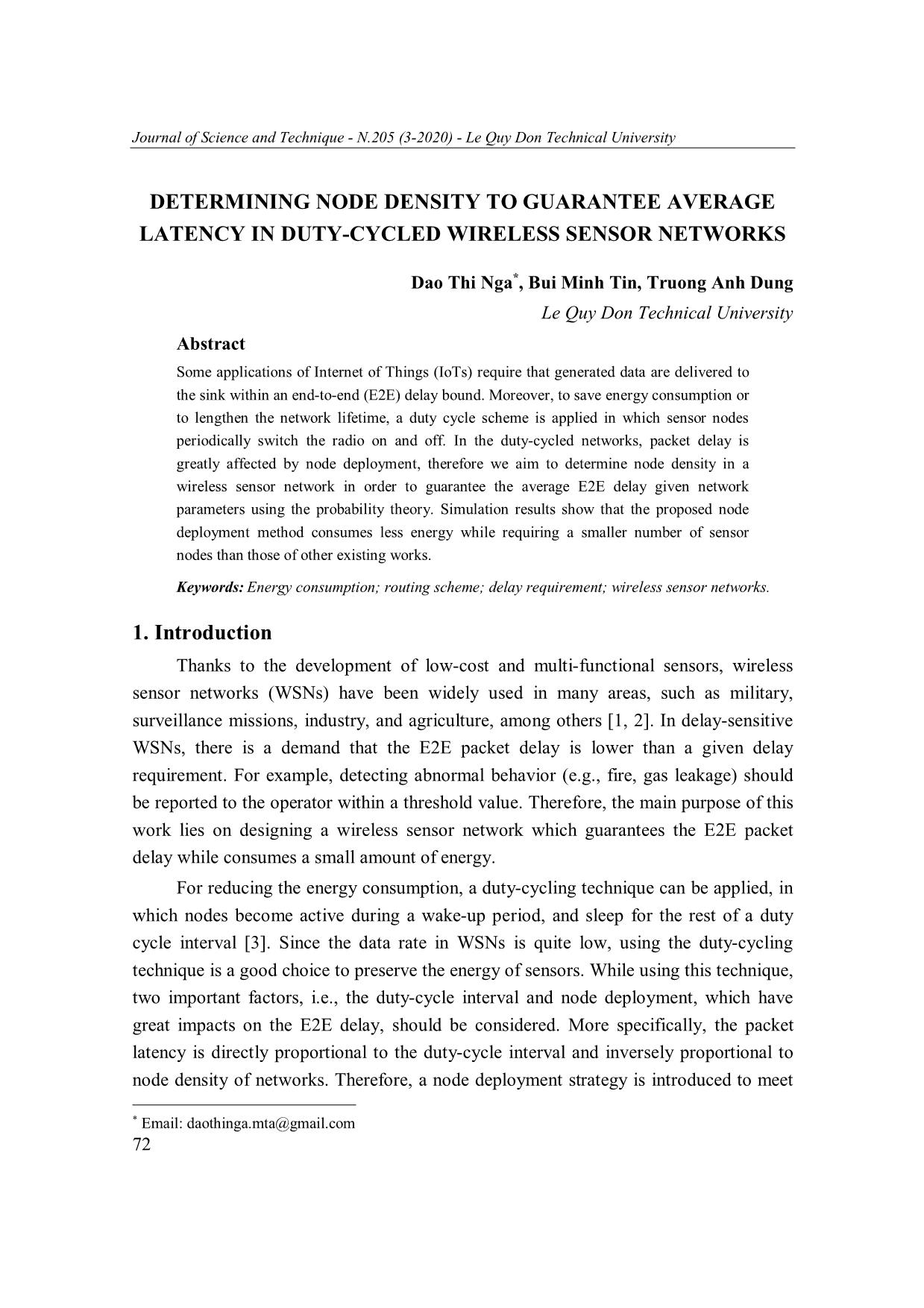 Determining node density to guarantee average latency in duty-Cycled wireless sensor networks trang 1