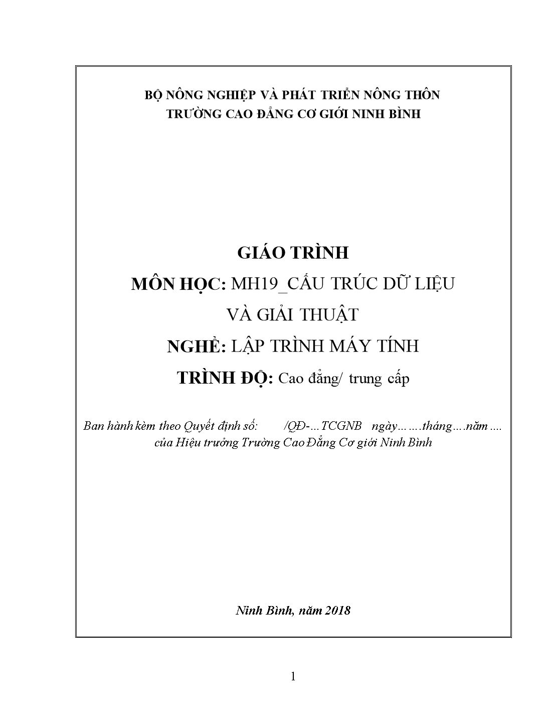 Giáo trình Mô đun Cấu trúc dữ liệu và giải thuật - Lập trình máy tính trang 1