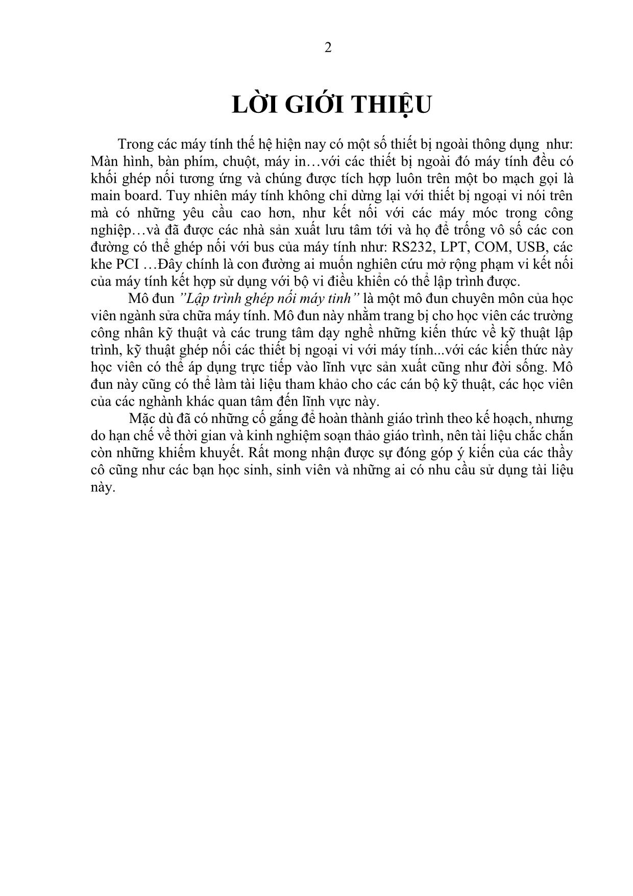 Giáo trình Lập trình ghép nối máy tính - Kỹ thuật lắp ráp, sửa chữa máy tính trang 2