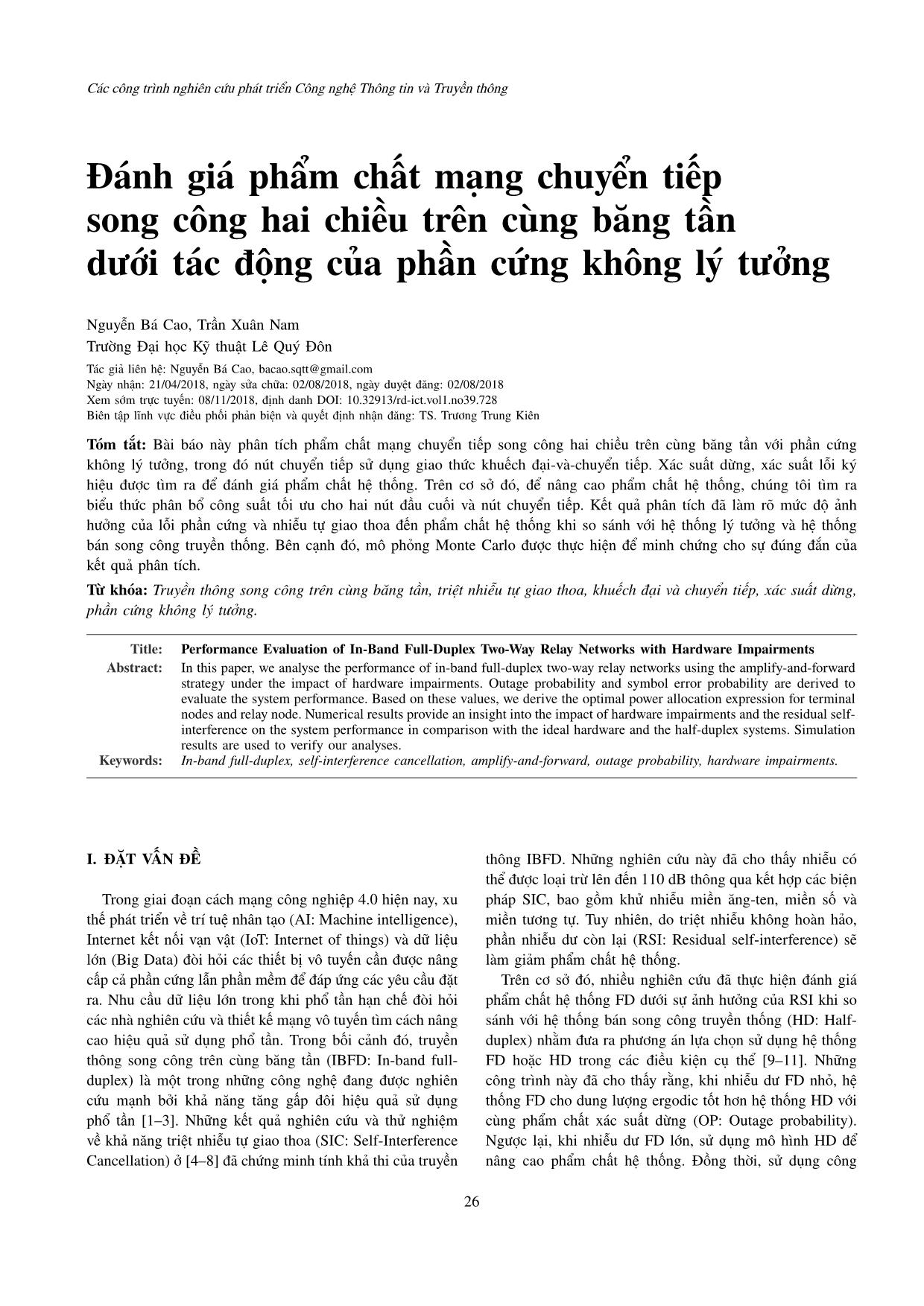 Đánh giá phẩm chất mạng chuyển tiếp song công hai chiều trên cùng băng tần dưới tác động của phần cứng không lý tưởng trang 1