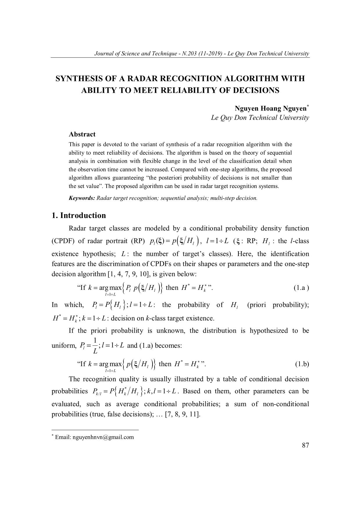 Synthesis of a radar recognition algorithm with ability to meet reliability of decisions trang 1