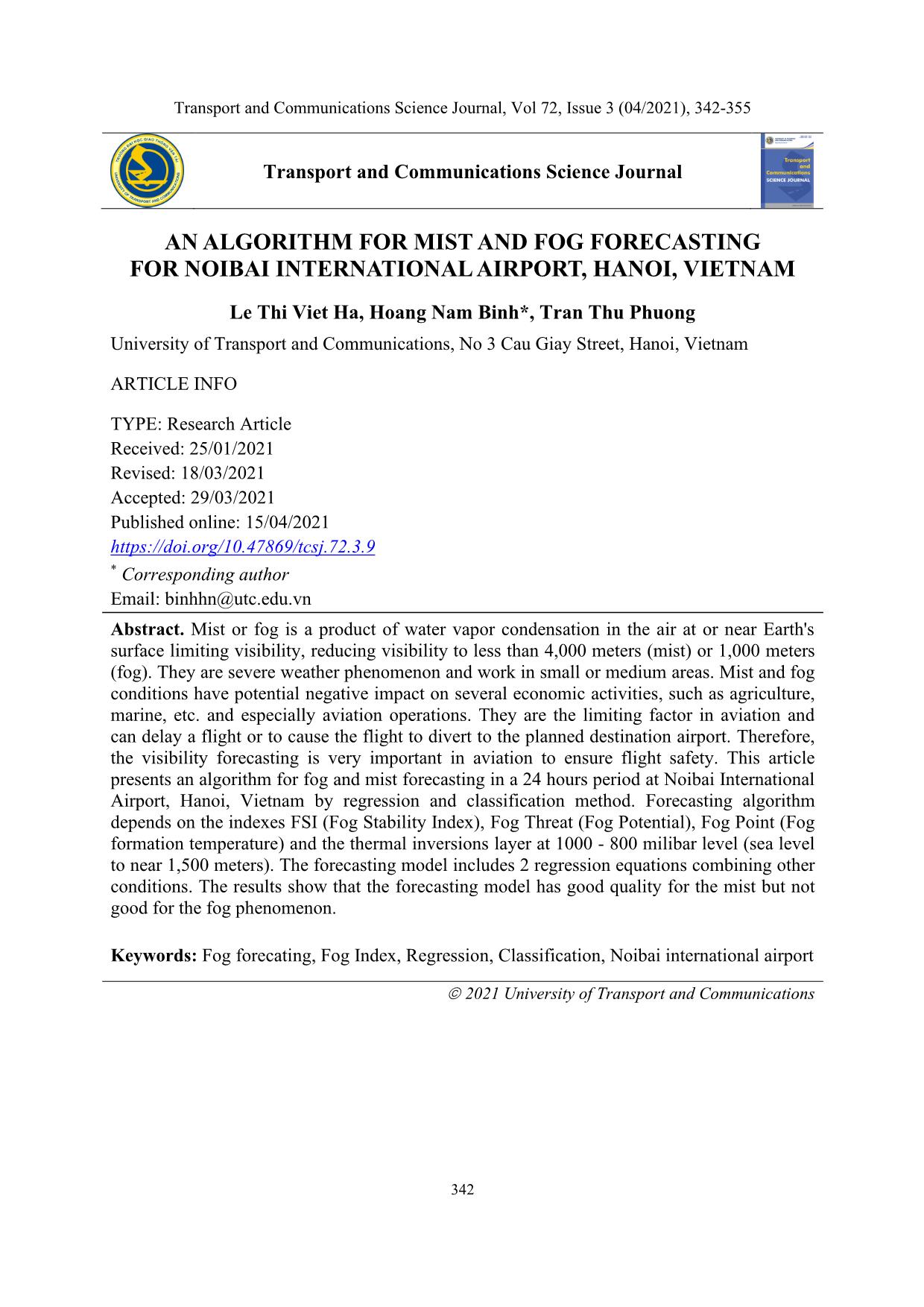 An algorithm for mist and fog forecasting for Noi Bai international airport, Ha Noi, Viet Nam trang 1