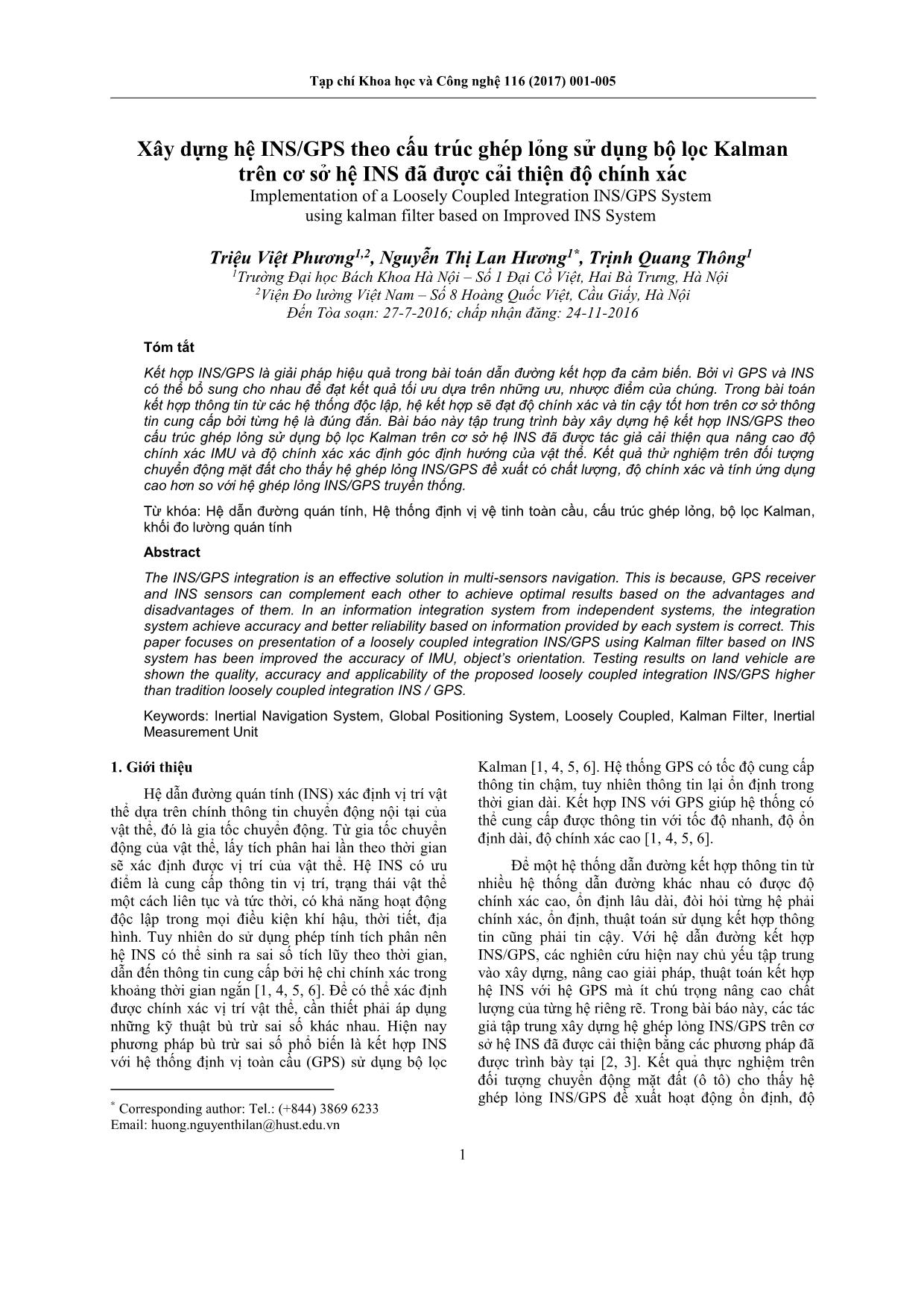 Xây dựng hệ INS/GPS theo cấu trúc ghép lỏng sử dụng bộ lọc Kalman trên cơ sở hệ INS đã được cải thiện độ chính xác trang 1