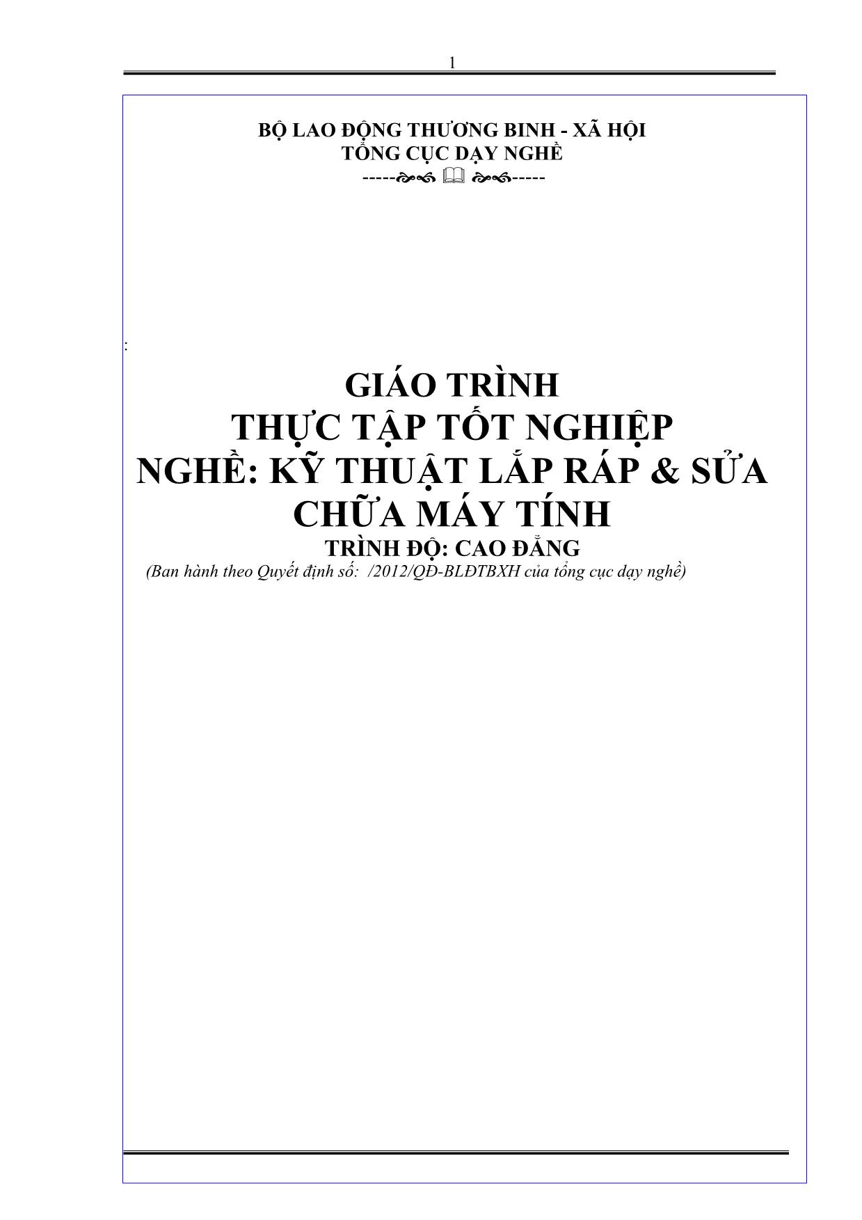 Giáo trình Thực tập tốt nghiệp - Bài 1: Lựa chọn Đề tài - Nghề: Kỹ thuật lắp ráp & sửa chữa máy tính trang 1