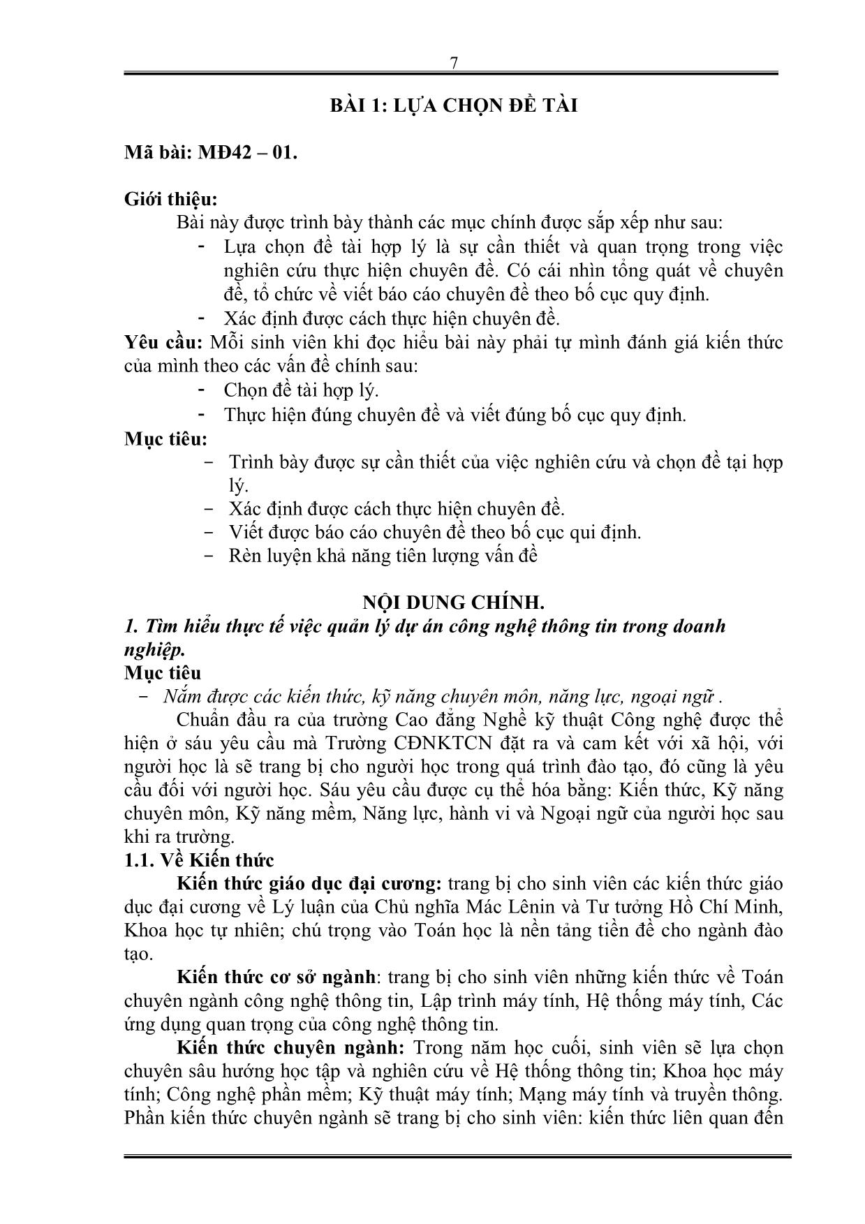 Giáo trình Thực tập tốt nghiệp - Bài 1: Lựa chọn Đề tài - Nghề: Kỹ thuật lắp ráp & sửa chữa máy tính trang 7