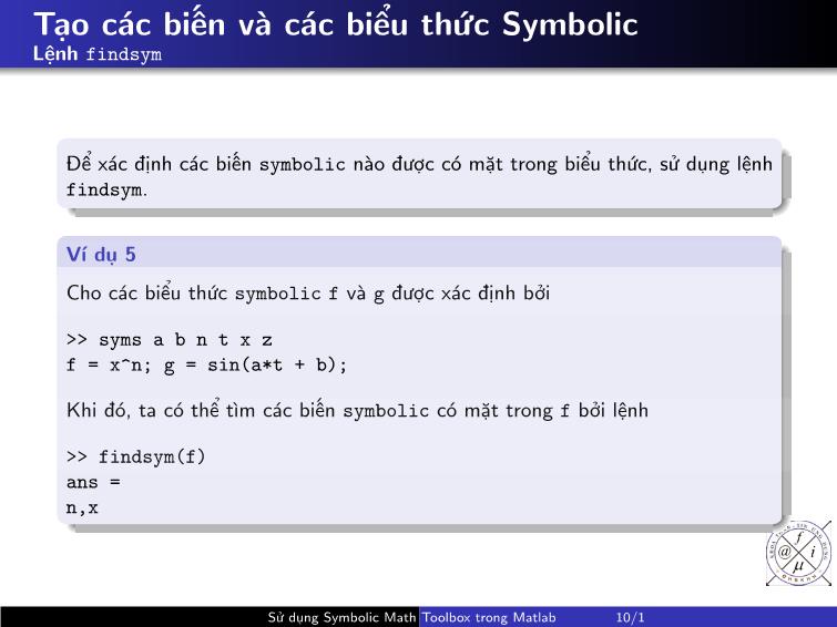 Bài giảng Matlab - Chương 2: Sử dụng symbolic math toolbox trong Matlab trang 10