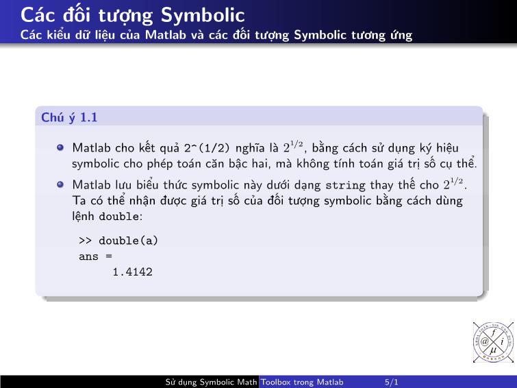 Bài giảng Matlab - Chương 2: Sử dụng symbolic math toolbox trong Matlab trang 5