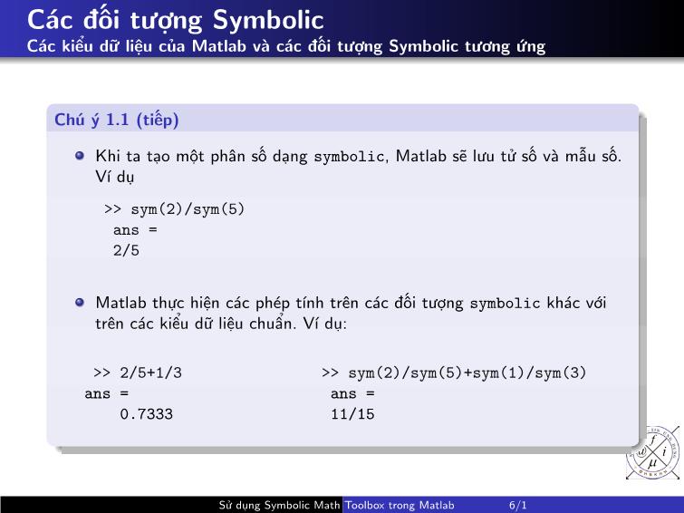 Bài giảng Matlab - Chương 2: Sử dụng symbolic math toolbox trong Matlab trang 6