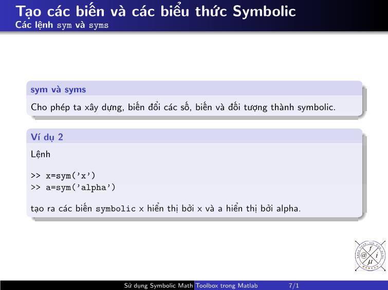 Bài giảng Matlab - Chương 2: Sử dụng symbolic math toolbox trong Matlab trang 7