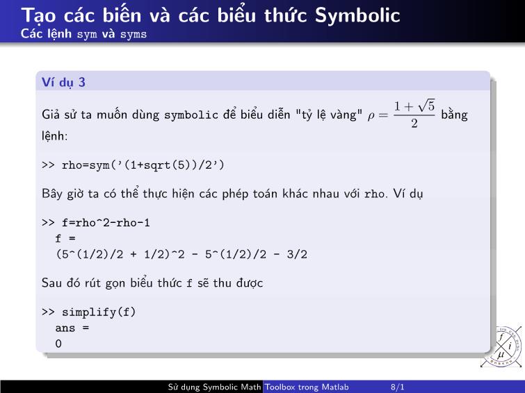 Bài giảng Matlab - Chương 2: Sử dụng symbolic math toolbox trong Matlab trang 8