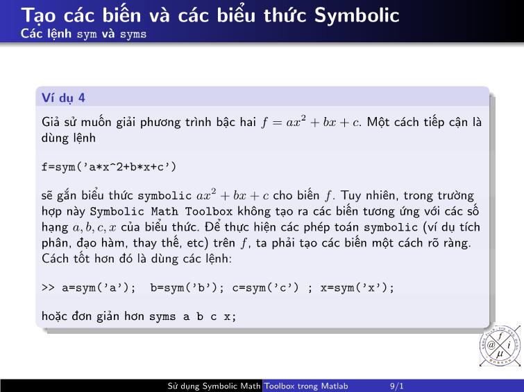 Bài giảng Matlab - Chương 2: Sử dụng symbolic math toolbox trong Matlab trang 9