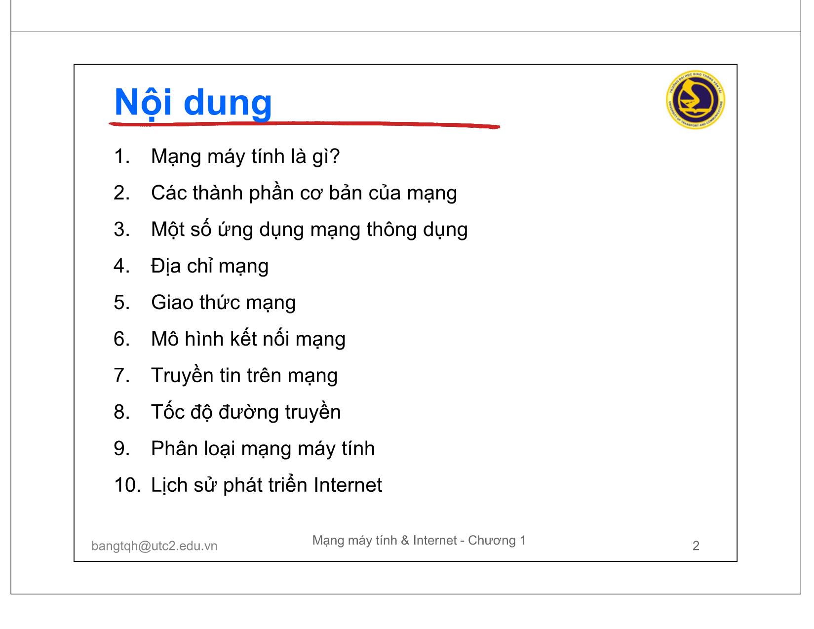 Bài giảng Mạng máy tính và Internet - Chương 1: Các khái niệm cơ bản trang 2