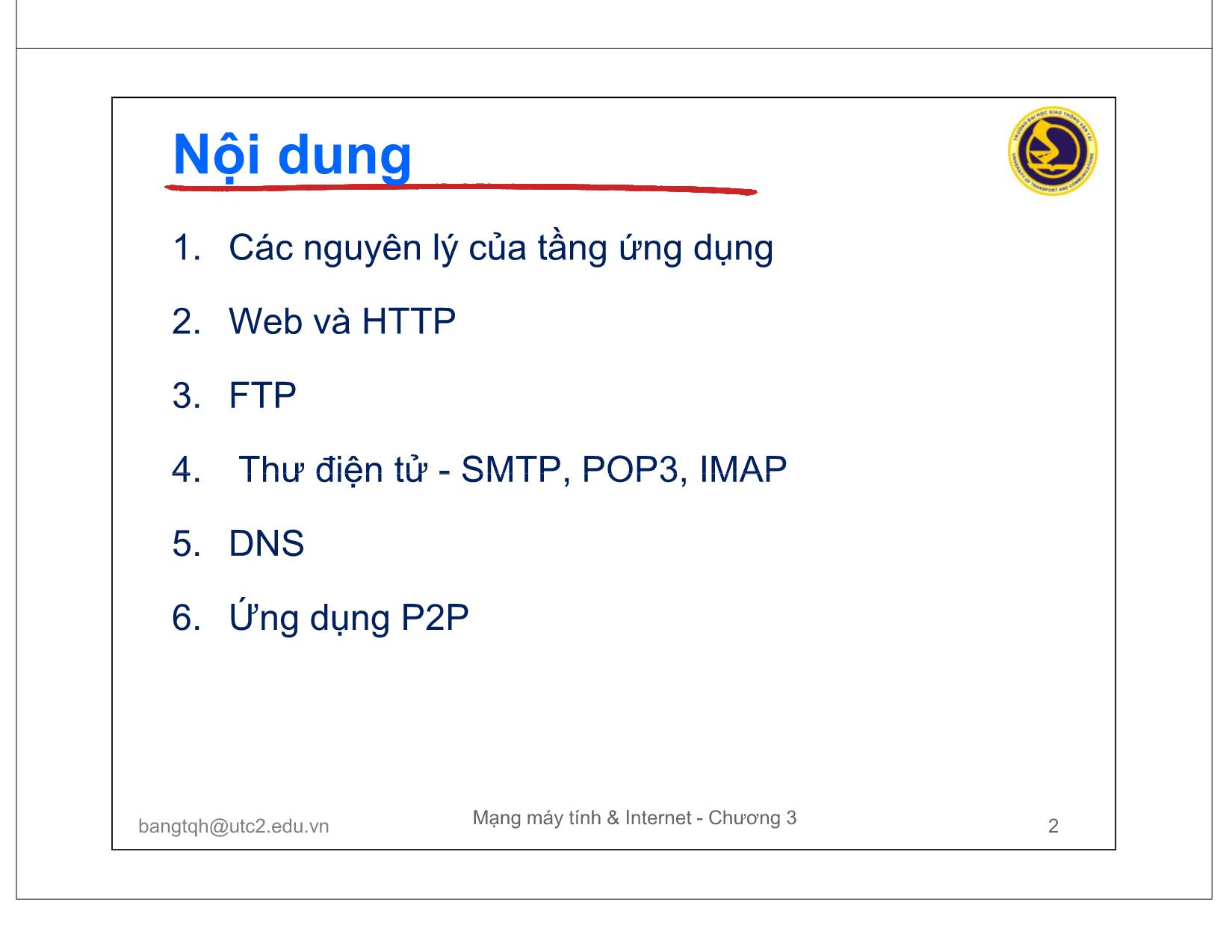 Bài giảng Mạng máy tính và Internet - Chương 3: Các giao thức tầng ứng dụng trang 2