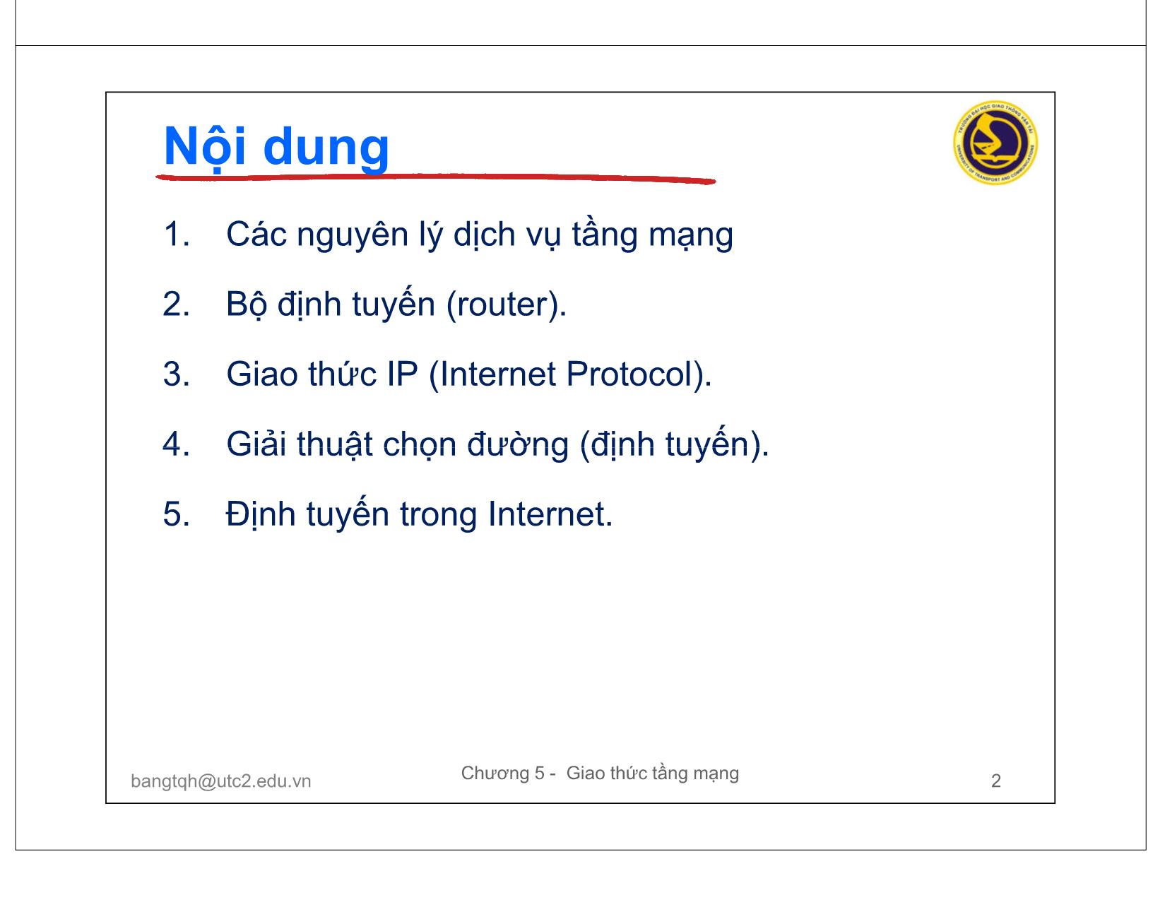 Bài giảng Mạng máy tính và Internet - Chương 5: Giao thức tầng network trang 2