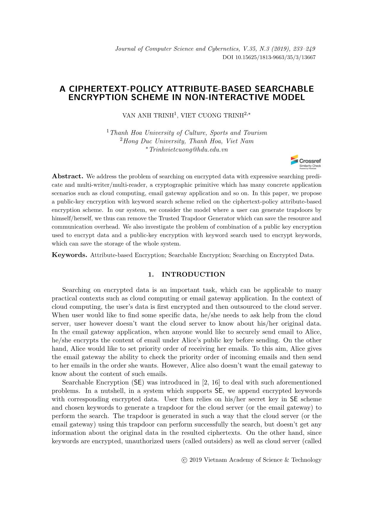 A ciphertext - Policy attribute-based searchable encryption scheme in non - interactive model trang 1