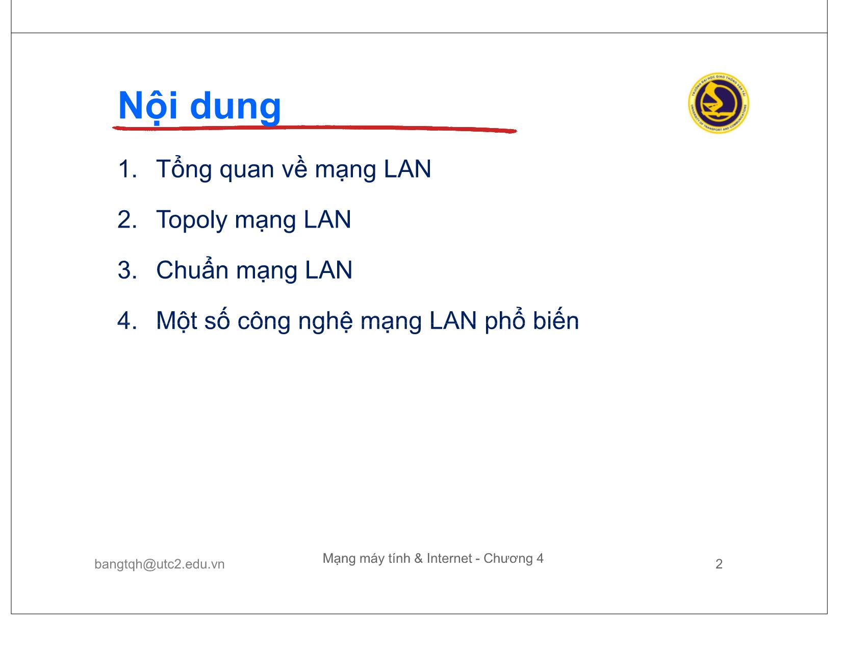 Bài giảng Mạng máy tính và Internet - Chương 4: Công nghệ mạng LAN trang 2