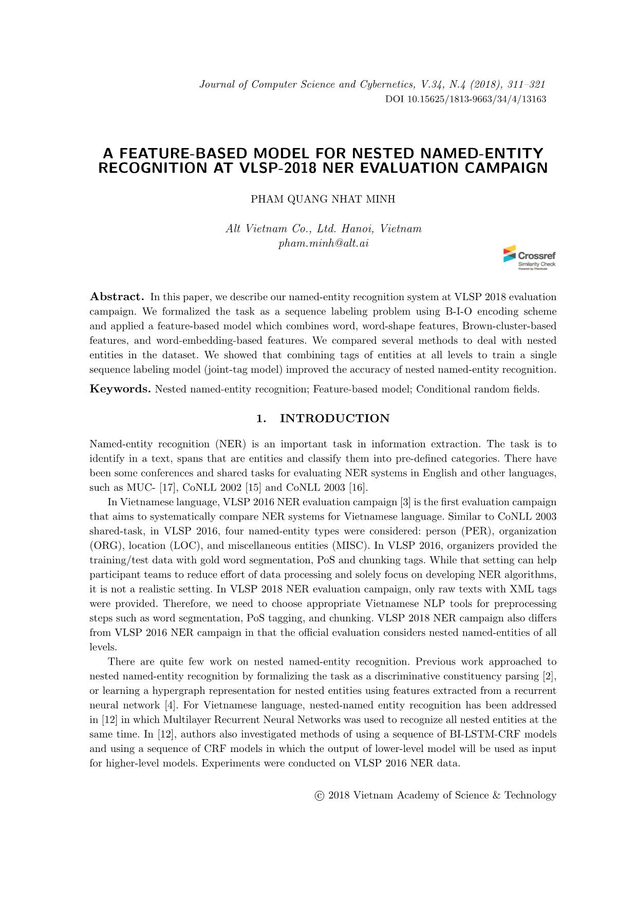 A feature - Based model for nested named-entity recognition at vlsp - 2018 ner evaluation campaign trang 1