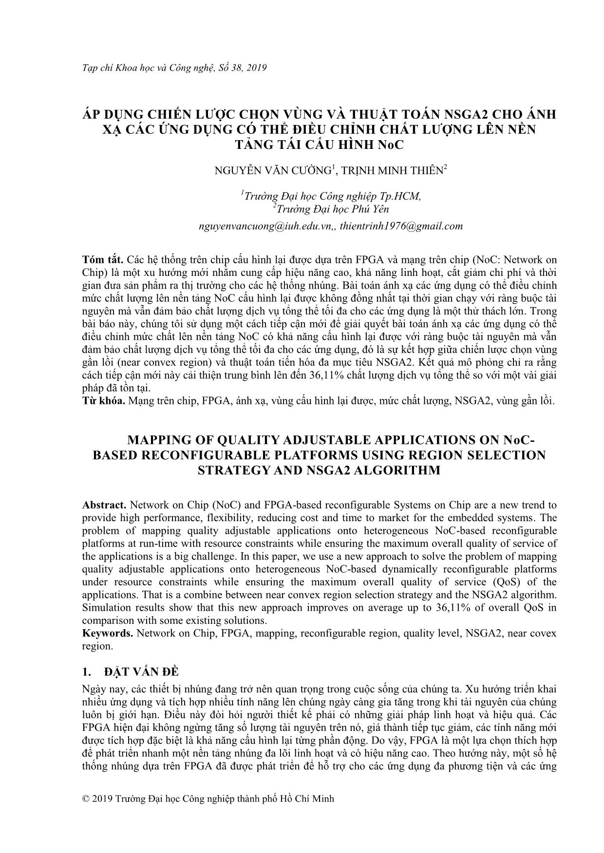 Áp dụng chiến lược chọn vùng và thuật toán NSGA2 cho ánh xạ các ứng dụng có thể điều chỉnh chất lượng lên nền tảng tái cấu hình NoC trang 1