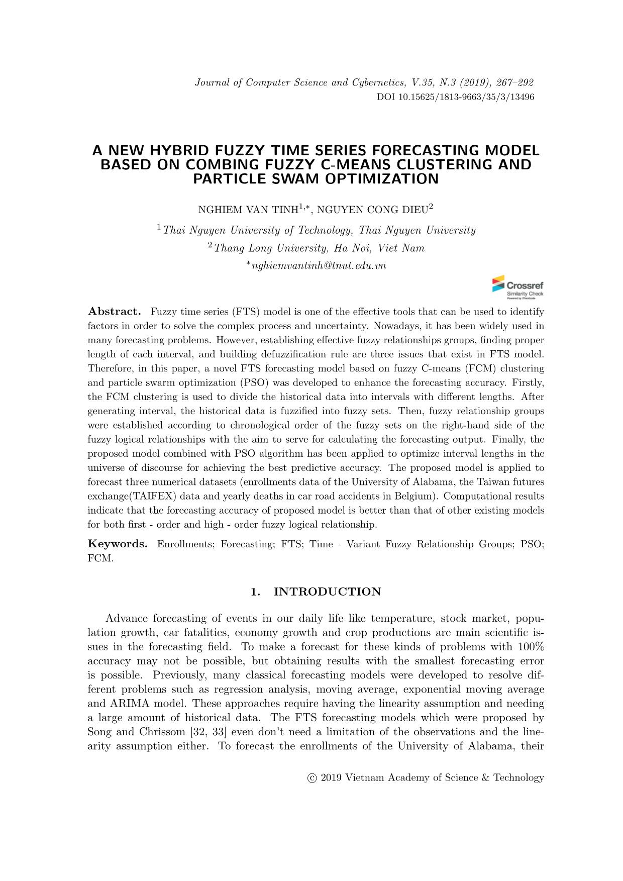 A new hybrid fuzzy time series forecasting model based on combing fuzzy C-Means clustering and particle swam optimization trang 1