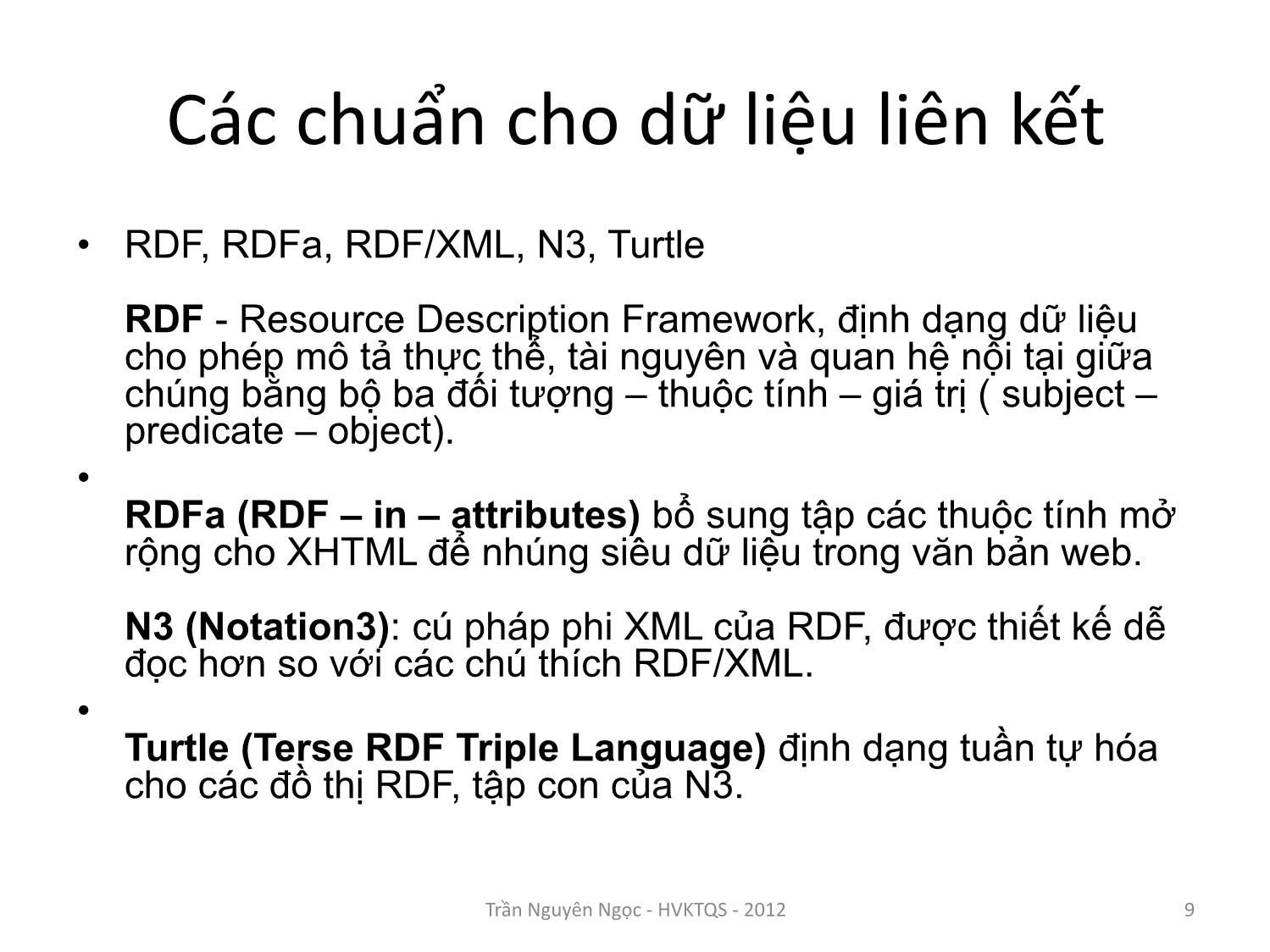 Bài giảng Công nghệ XML và WEB ngữ nghĩa - Bài 7: Khung mô tả dữ liệu RDF - Trần Nguyên Ngọc trang 9