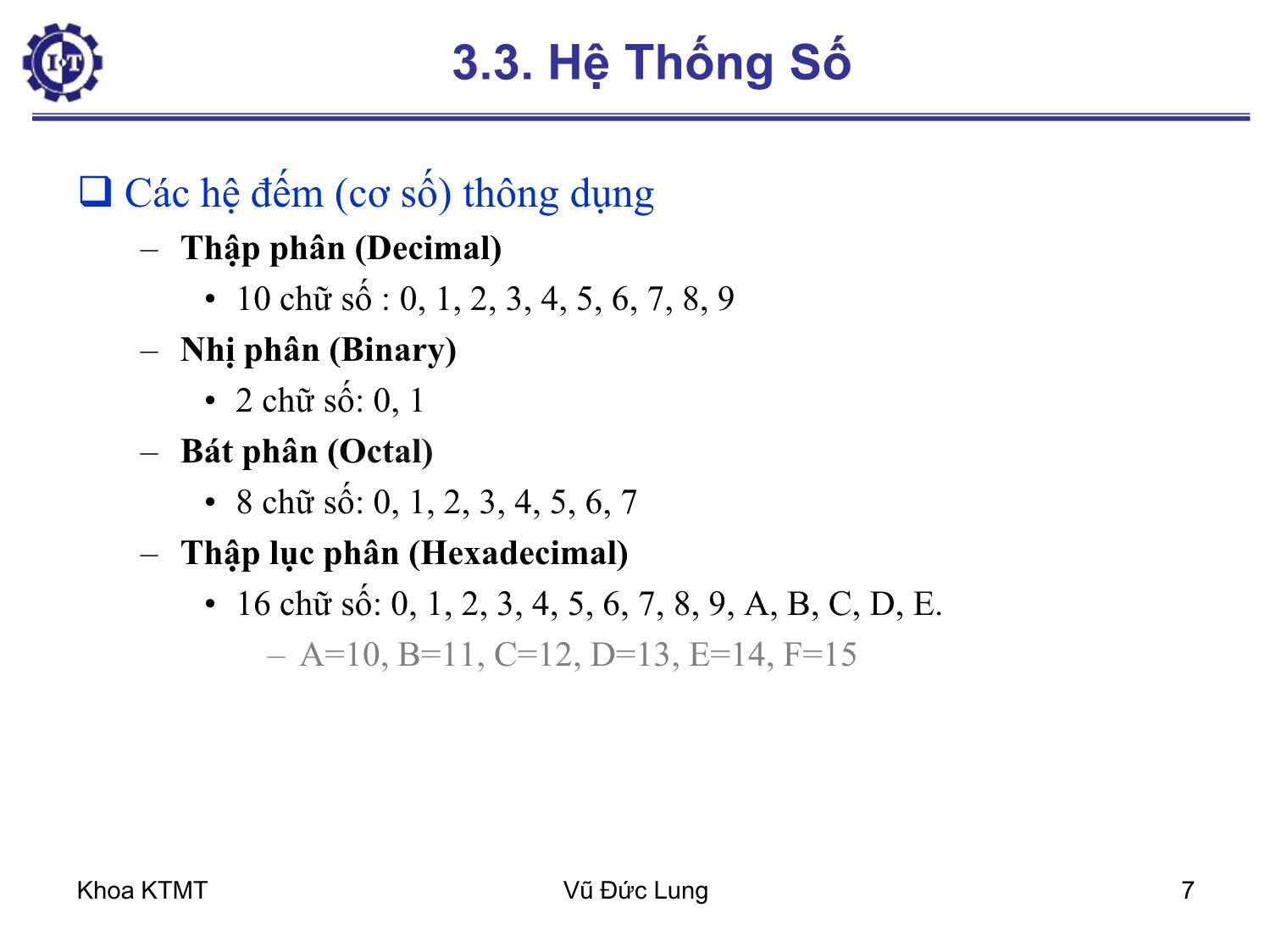 Bài giảng Kiến trúc máy tính 1 - Chương 3: Biểu diễn dữ liệu - Vũ Đức Lung trang 7