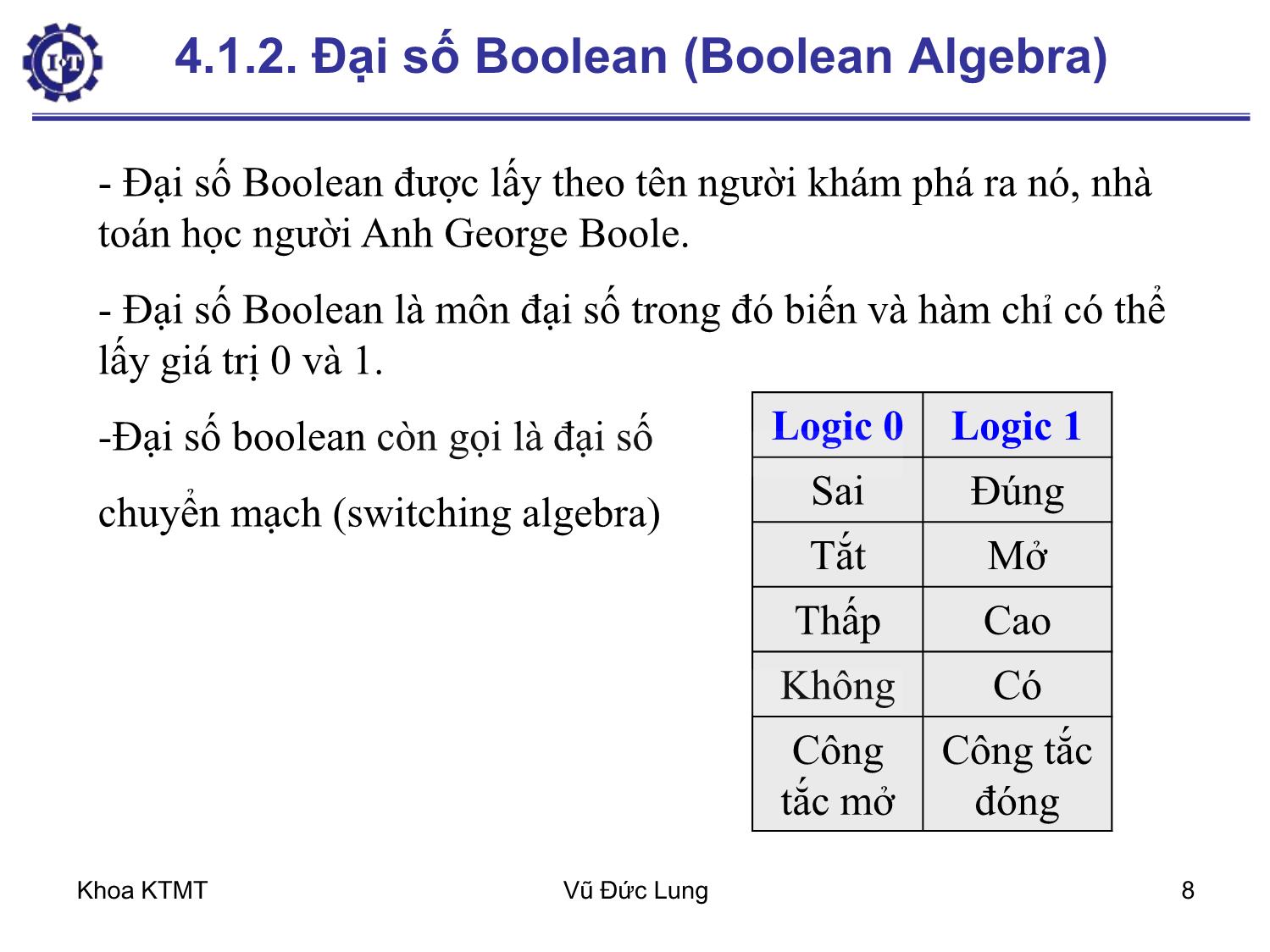 Bài giảng Kiến trúc máy tính 1 - Chương 4: Mạch logic số - Vũ Đức Lung trang 8