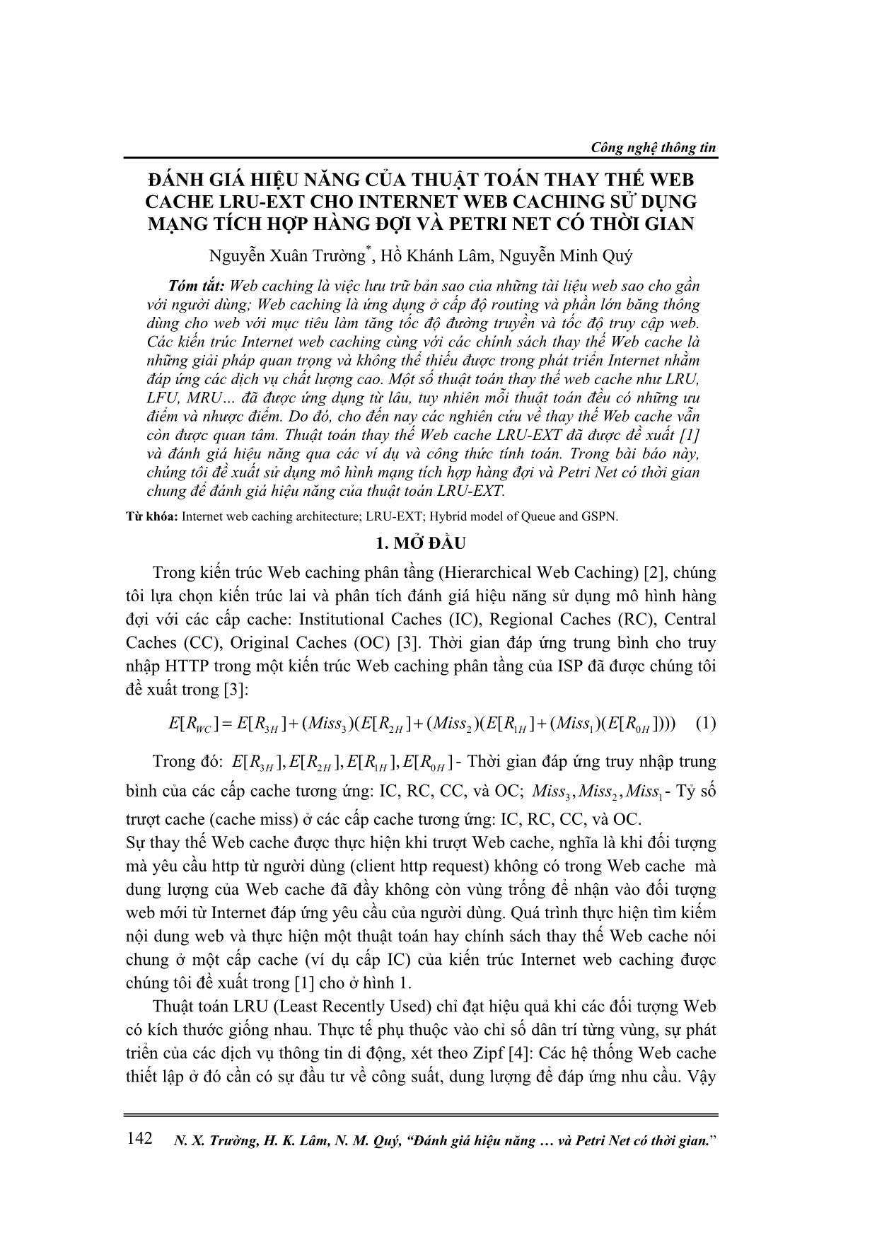 Đánh giá hiệu năng của thuật toán thay thế web cache lru - Ext cho Internet Web caching sử dụng mạng tích hợp hàng đợi và petri net có thời gian trang 1