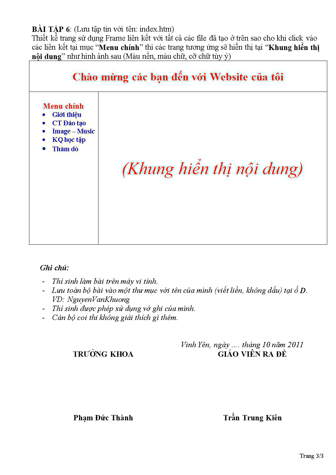 Đề thi thực hành môn Thiết kế Web - Năm học 2011-2012 trang 3