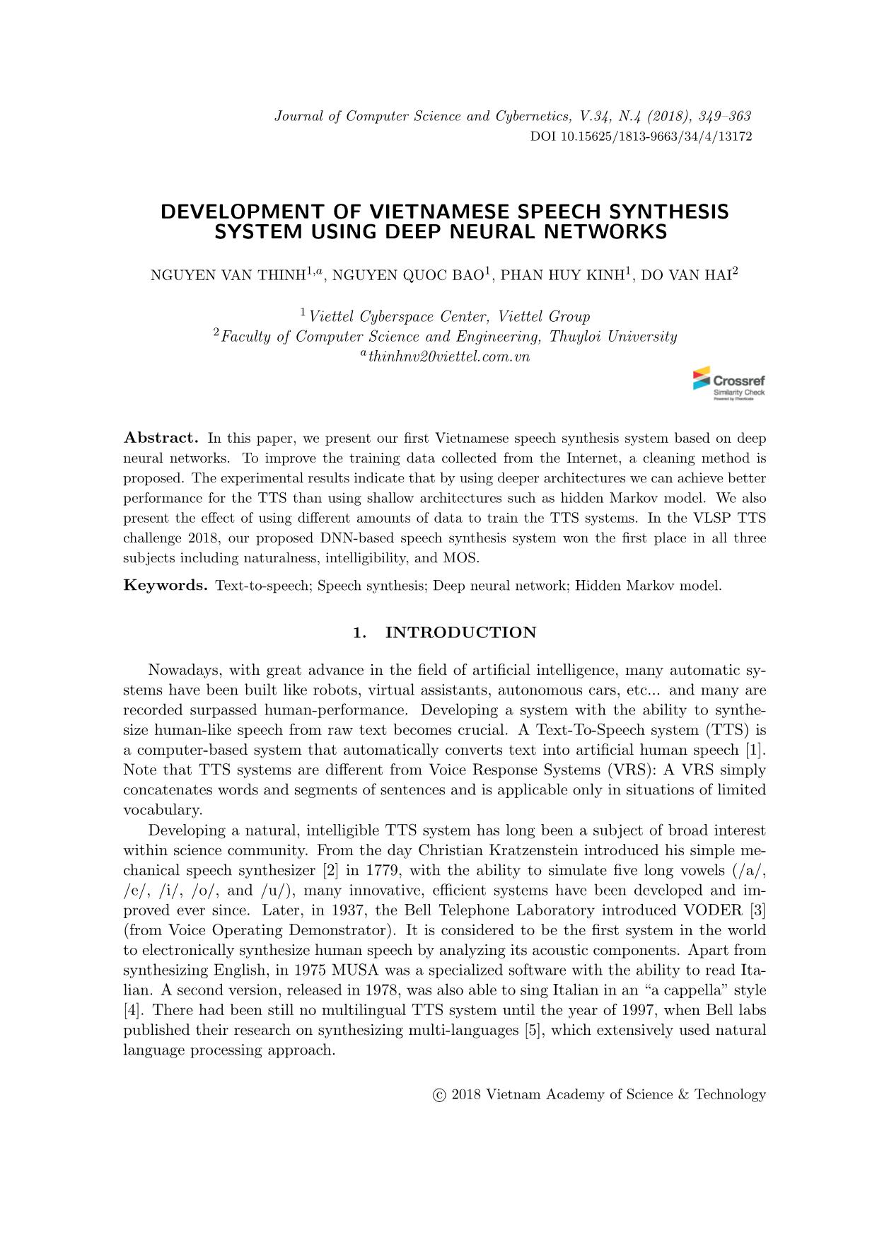 Development of vietnamese speech synthesis system using deep neural networks trang 1