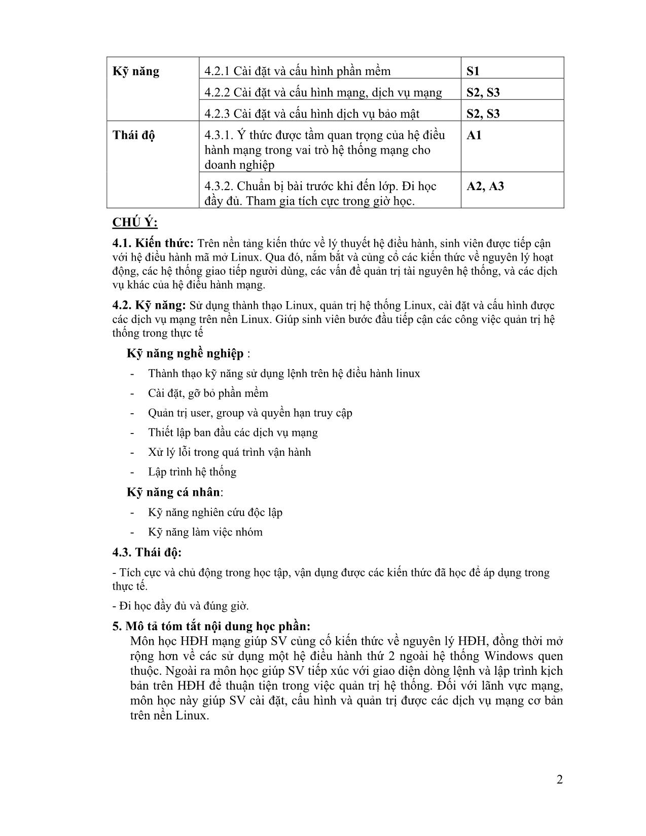 Đề cương chi tiết học phần Hệ điều hành mạng (Networking operating systems) trang 2