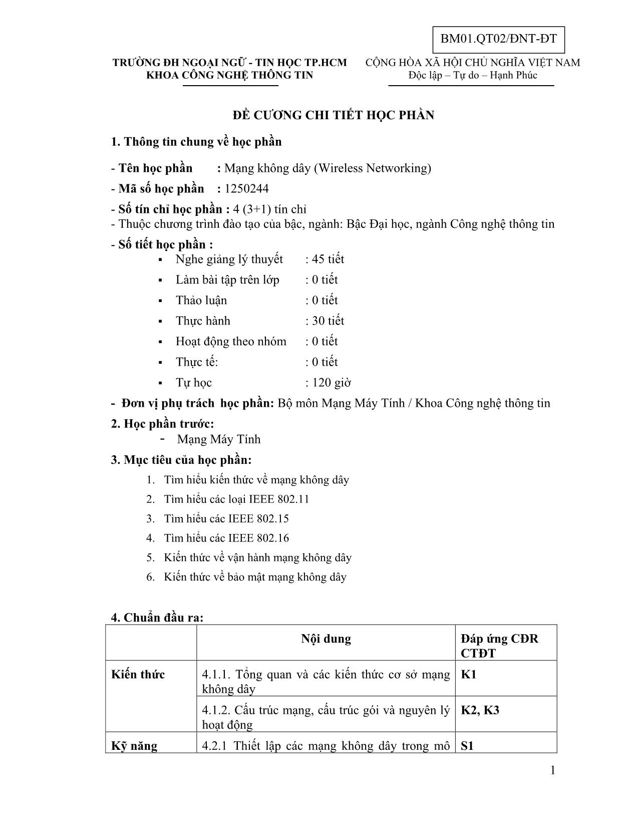 Đề cương chi tiết học phần Mạng không dây (Wireless Networking) trang 1
