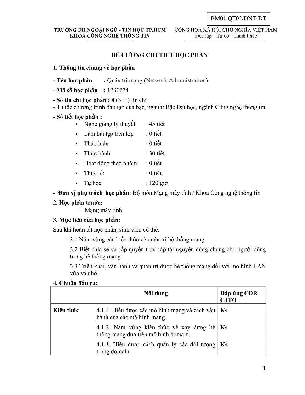 Đề cương chi tiết học phần Quản trị mạng (Network Administration) trang 1