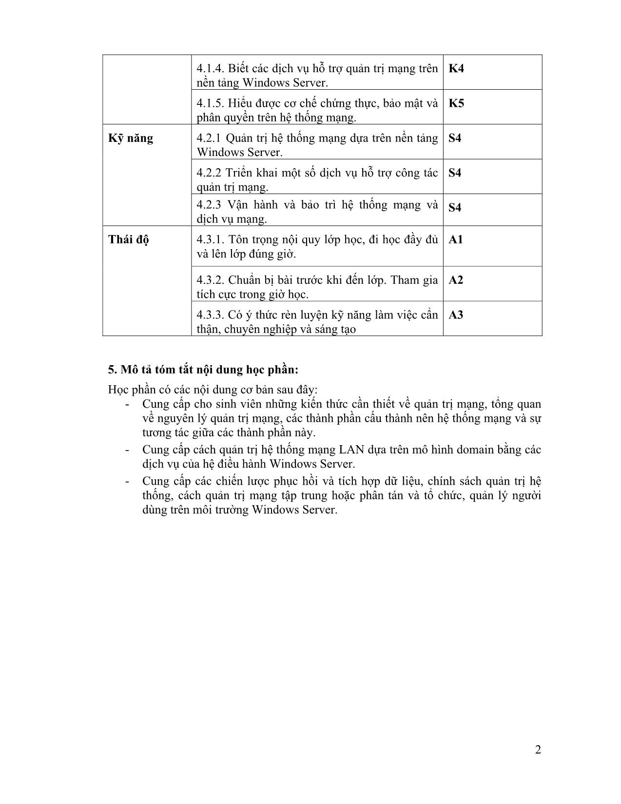Đề cương chi tiết học phần Quản trị mạng (Network Administration) trang 2