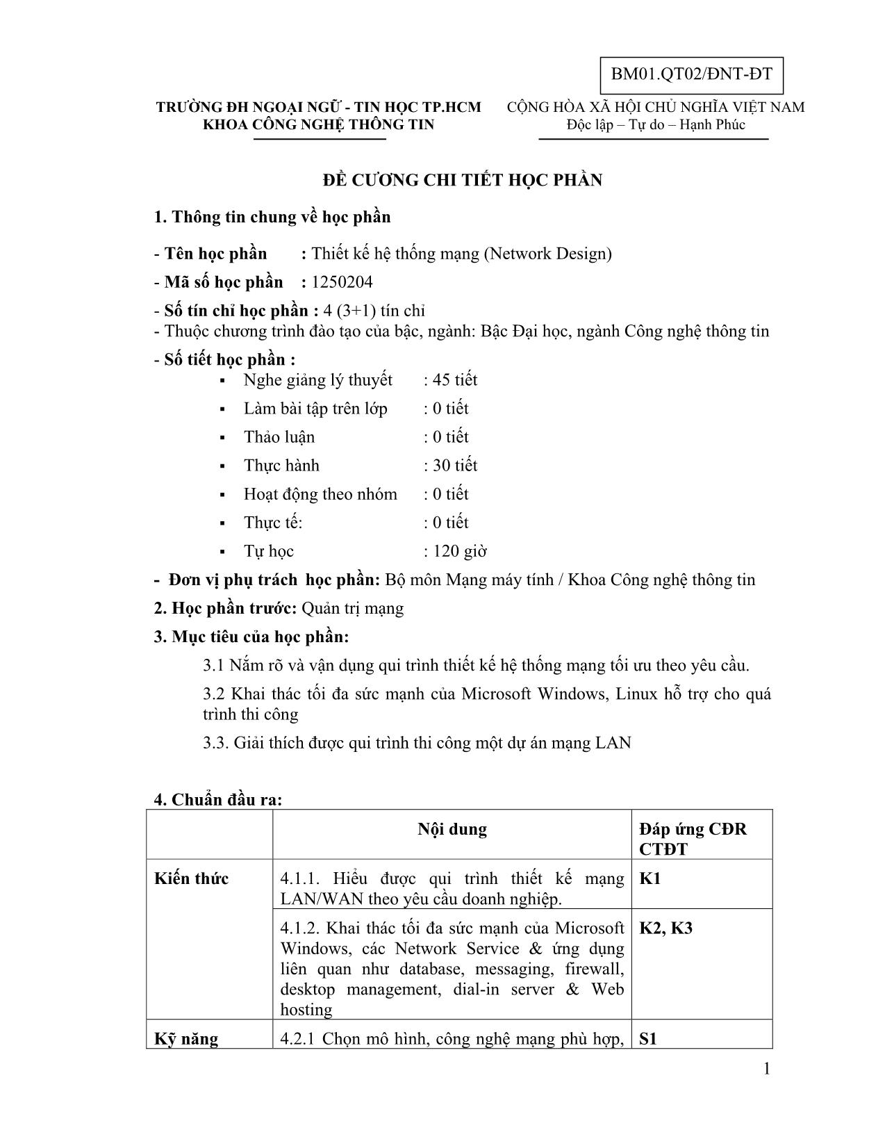 Đề cương chi tiết học phần Thiết kế hệ thống mạng (Network Design) trang 1