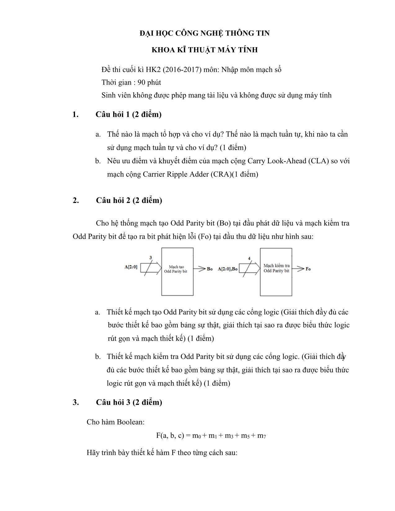 Đề thi cuối học kỳ II môn Nhập môn mạch số - Năm học 2016-2017 - Đại học Công nghệ Thông tin trang 1