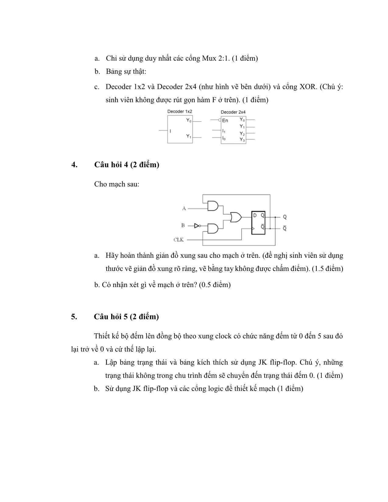 Đề thi cuối học kỳ II môn Nhập môn mạch số - Năm học 2016-2017 - Đại học Công nghệ Thông tin trang 2