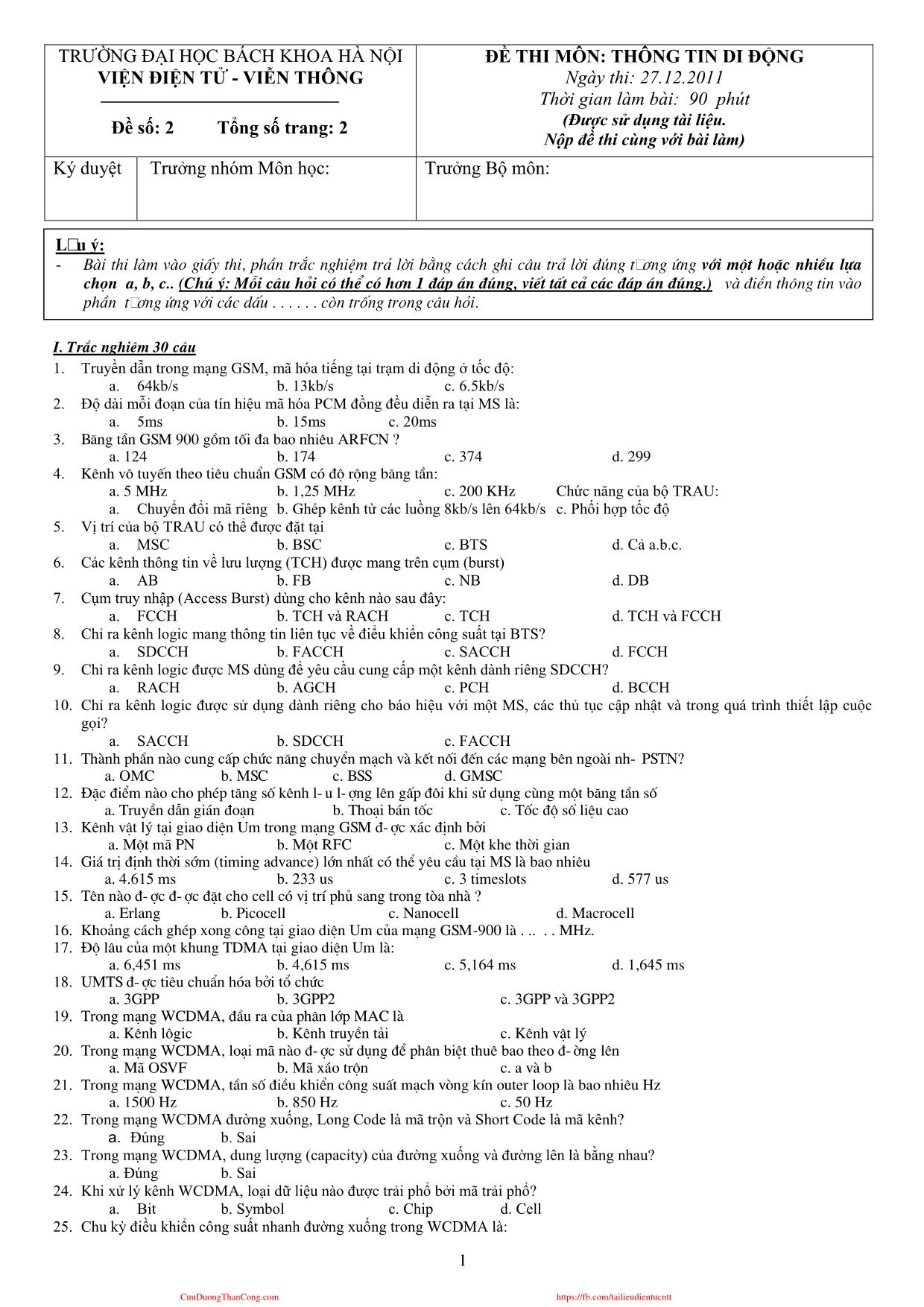 Đề thi môn Thông tin di động - Đề số 2 - Năm học 2011-2012 - Đại học Bách khoa Hà Nội trang 1