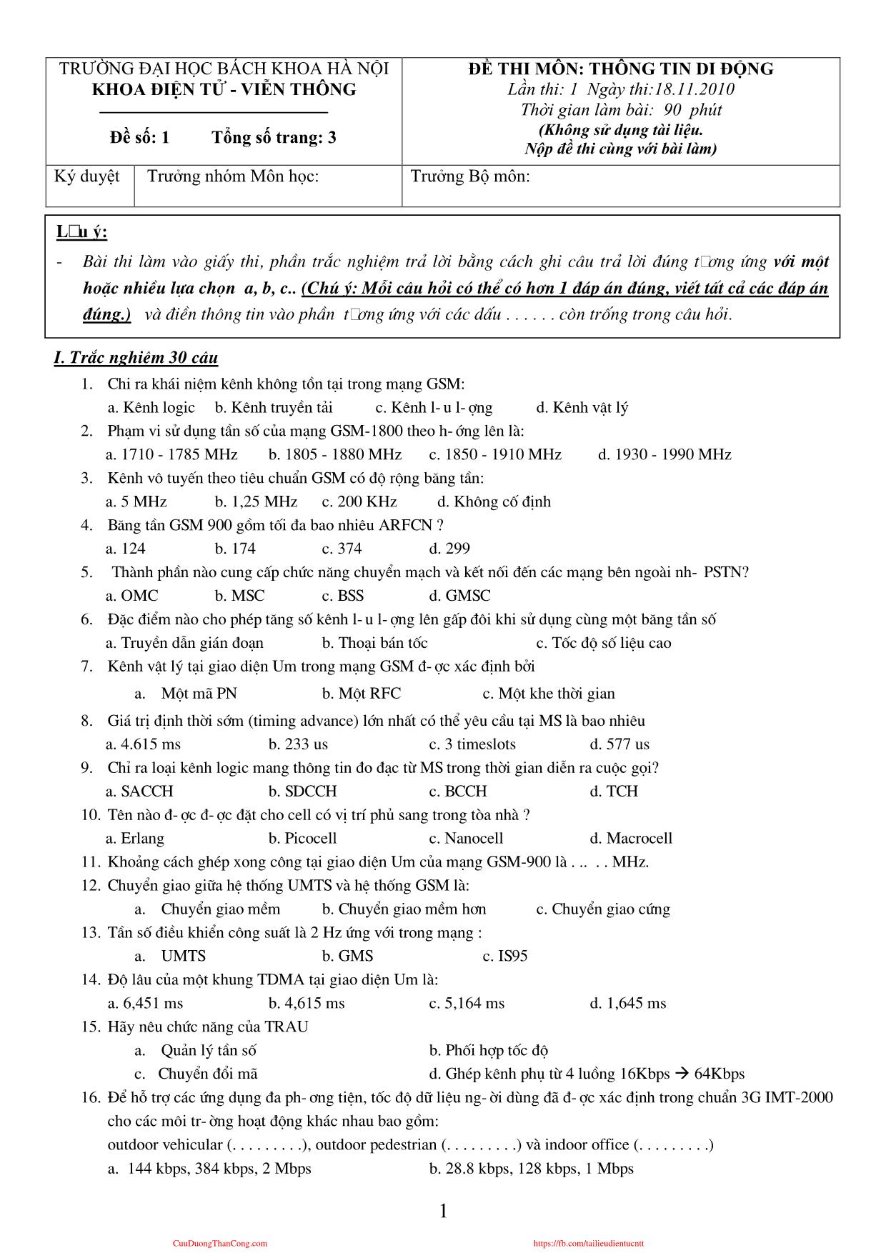 Đề thi môn Thông tin di động - Đề số 1 - Năm học 2010-2011 - Đại học Bách khoa Hà Nội trang 1