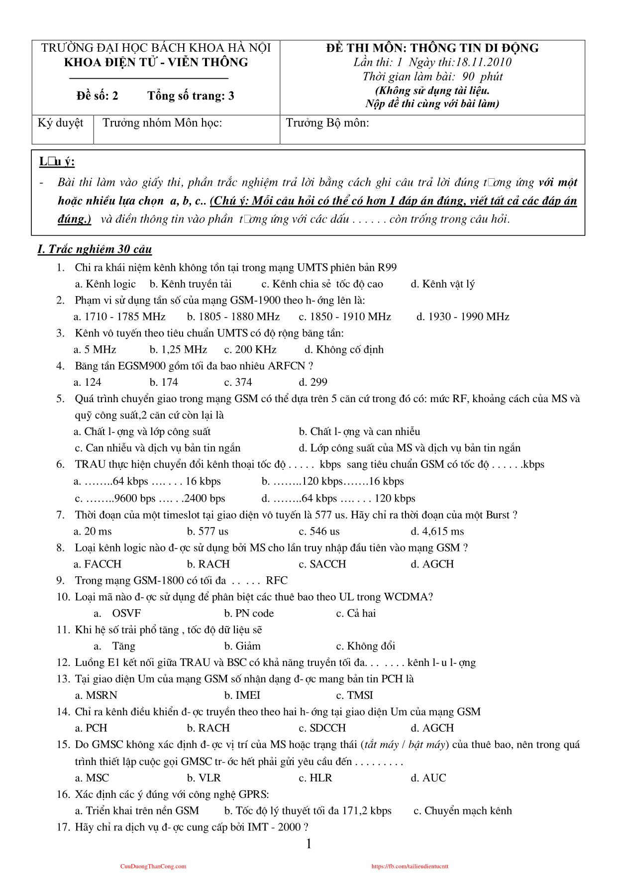 Đề thi môn Thông tin di động - Đề số 2 - Năm học 2010-2011 - Đại học Bách khoa Hà Nội trang 1