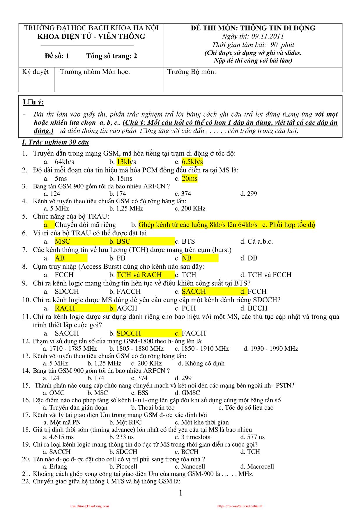 Đề thi môn Thông tin di động - Đề số 1 - Năm học 2011-2012 - Đại học Bách khoa Hà Nội trang 1