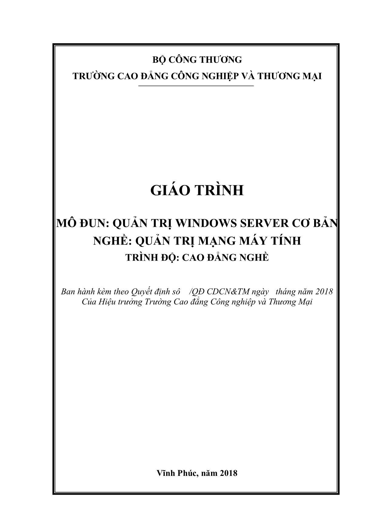 Giáo trình Mô đun Quản trị Windows Server cơ bản - Quản trị mạng máy tính trang 1