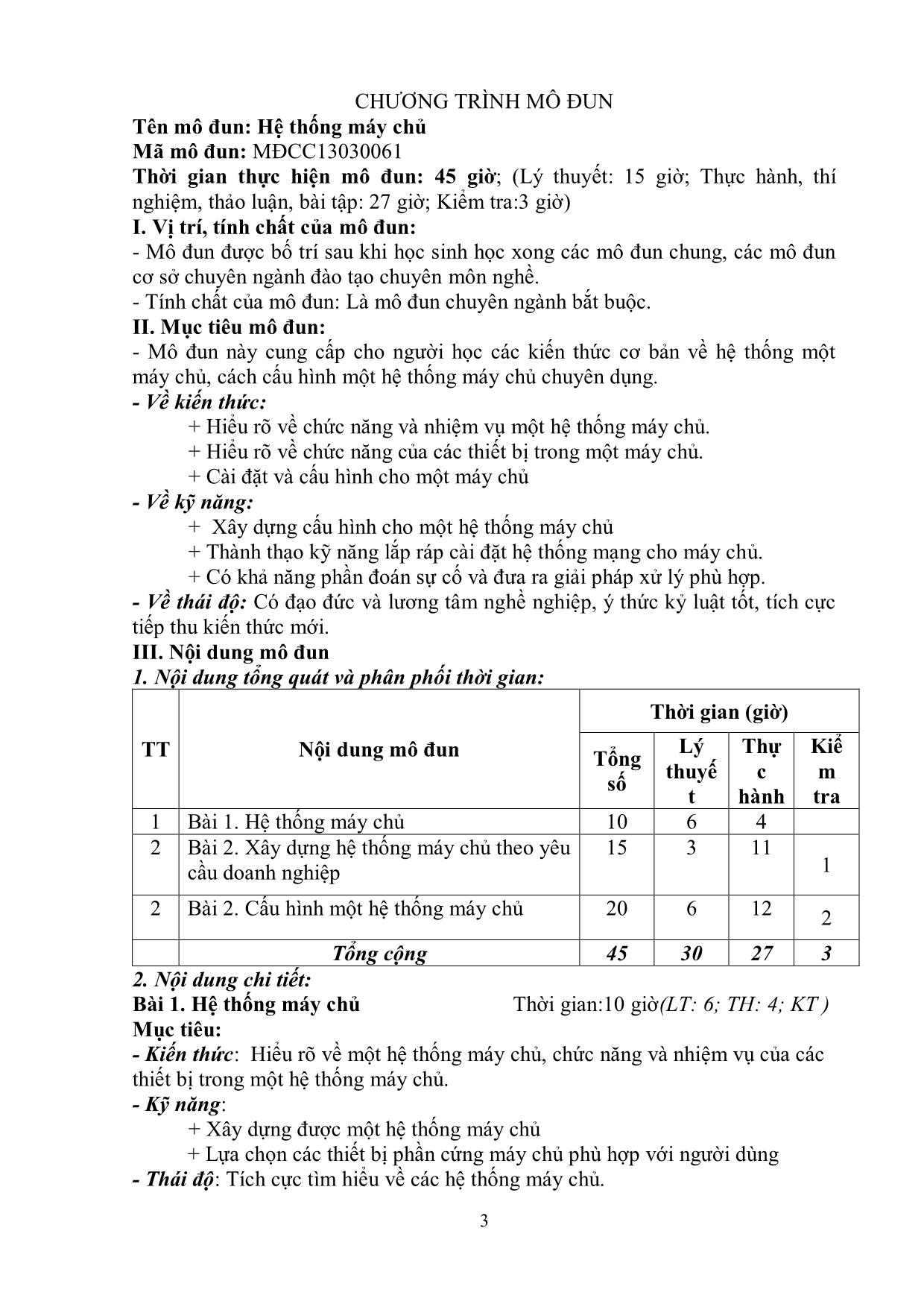 Giáo trình mô đun Hệ thống máy chủ - Nghề: Quản trị mạng trang 3