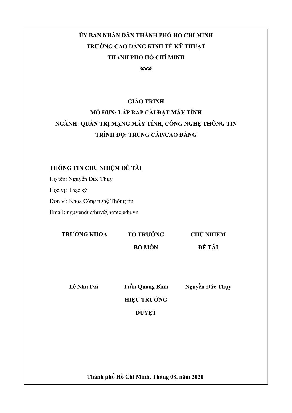 Giáo trình mô đun Lắp ráp cài đặt máy tính - Ngành: Quản trị mạng máy tính, công nghệ thông tin trang 2