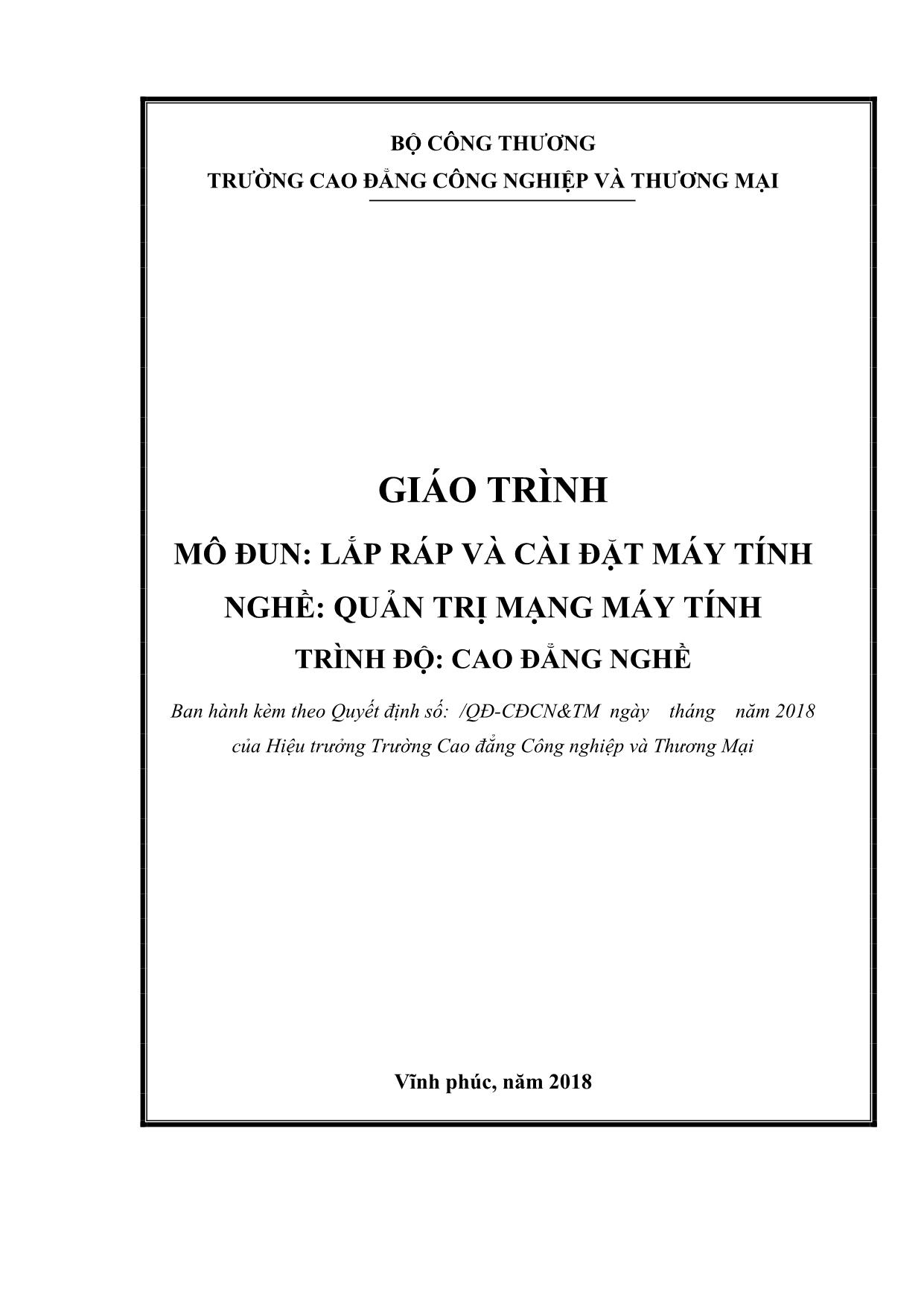 Giáo trình mô đun Lắp ráp và cài đặt máy tính - Nghề: Quản trị mạng máy tính trang 1