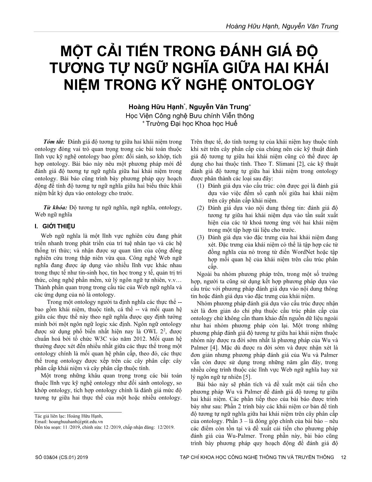 Một cải tiến trong đánh giá độ tương tự ngữ nghĩa giữa hai khái niệm trong kỹ nghệ Ontology trang 1