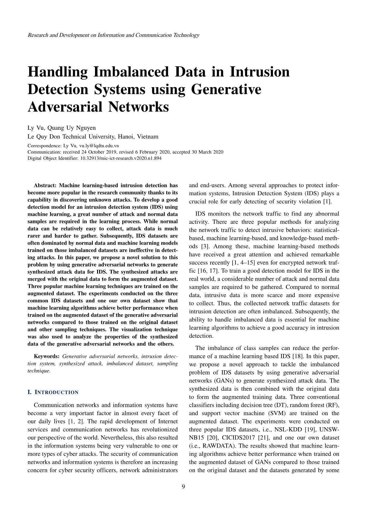 Handling imbalanced data in intrusion detection systems using generative adversarial networks trang 1