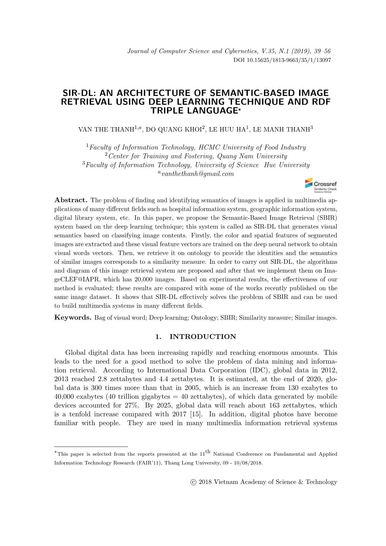 Sir-Dl: An architecture of semantic-based image retrieval using deep learning technique and rdf triple language trang 1