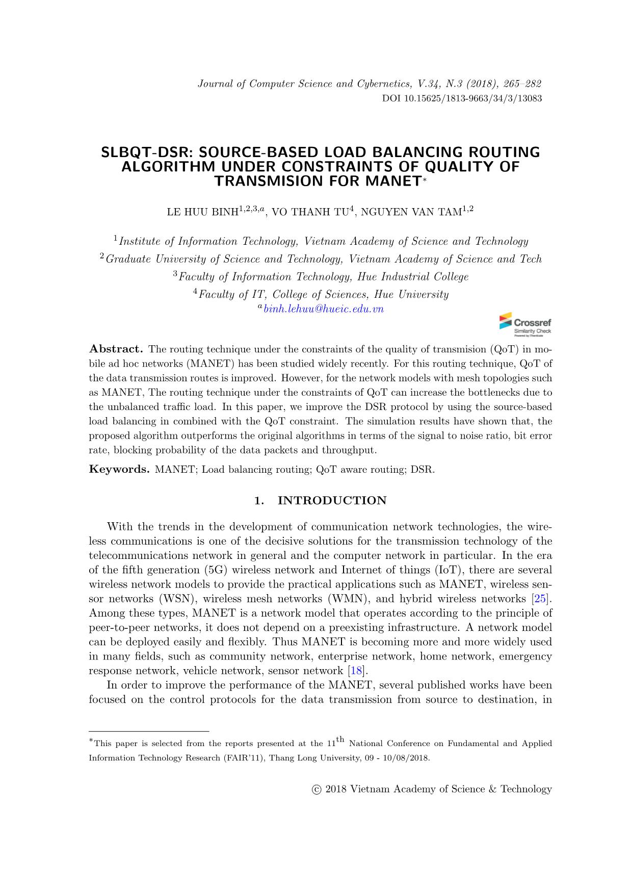 Slbqt-Dsr: Source - based load balancing routing algorithm under constraints of quality of transmision for manet trang 1