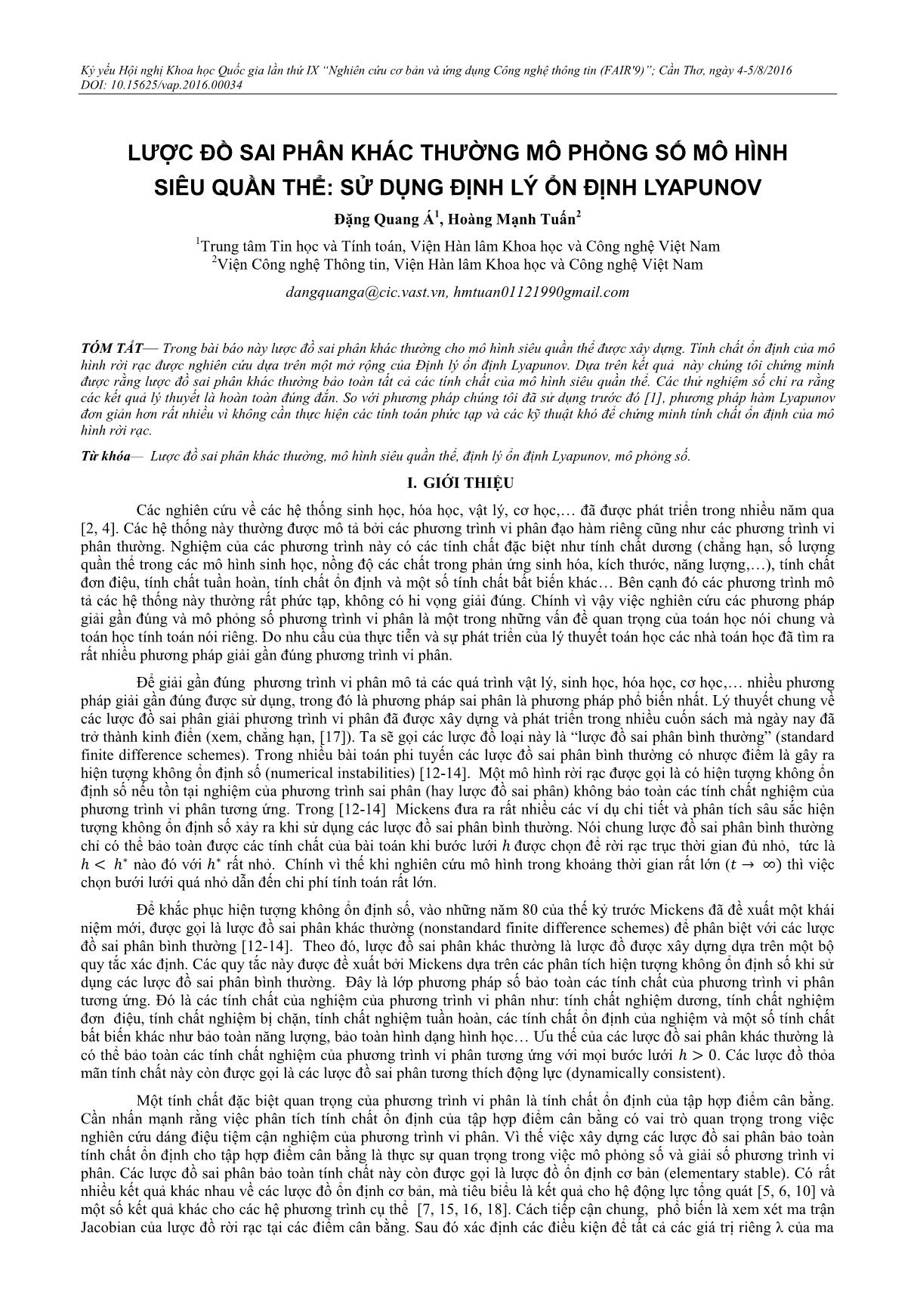 Lược đồ sai phân khác thường mô phỏng số mô hình siêu quần thể: Sử dụng định lý ổn định Lyapunov trang 1