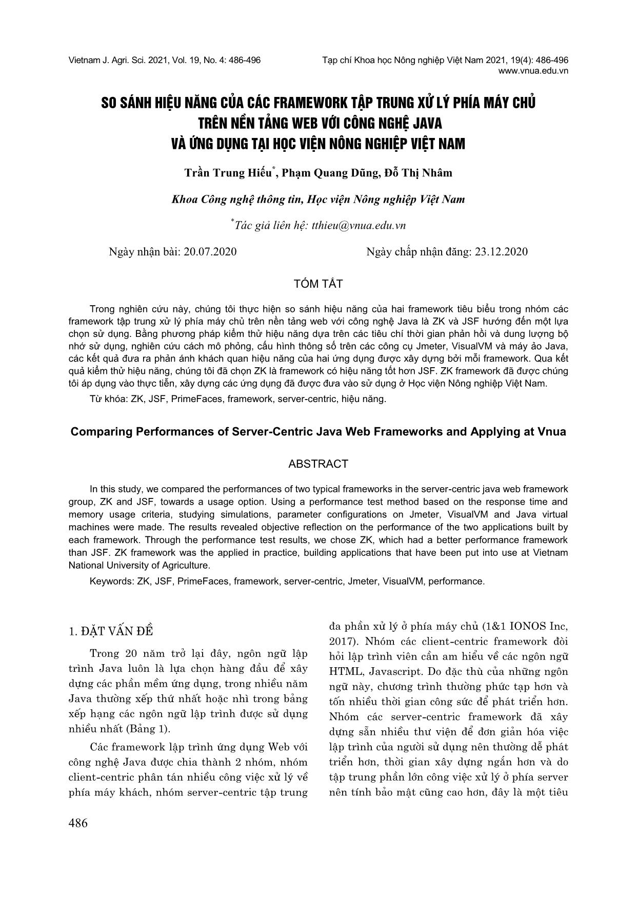 So sánh hiệu năng của các Framework tập trung xử lý phía máy chủ trên nền tảng Web với công nghệ Java và ứng dụng tại Học viện Nông nghiệp Việt Nam trang 1